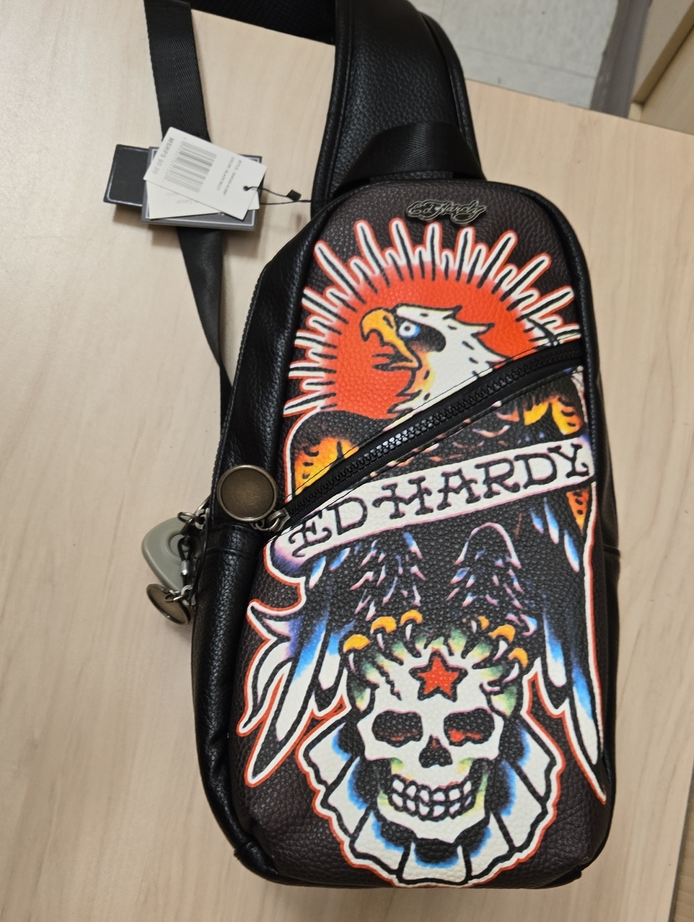Ed Hardy Black Graphic Sling Bag - Skull & Eagle Print